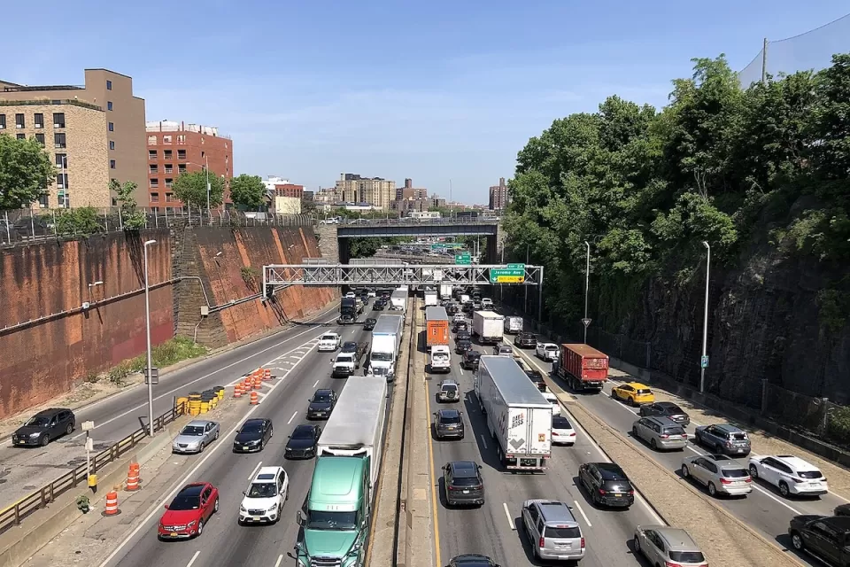 View from overpass of traffic on Cross Bronx Expressway in New York City.